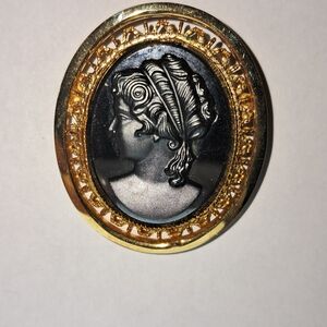 Vintage Style Black Cameo Brooch w/ Goldtone Frame